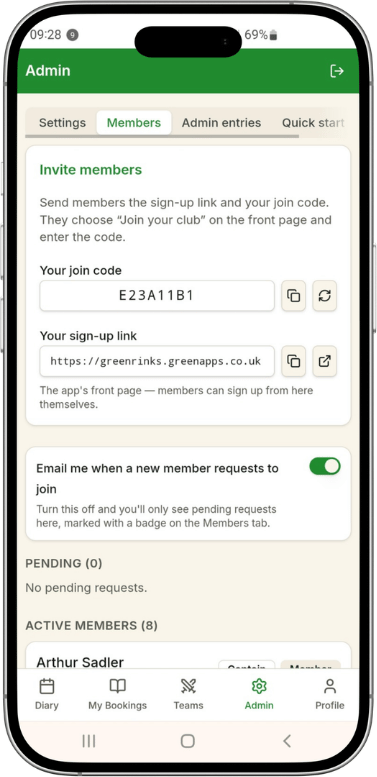 Green Rinks member invite screen on a phone