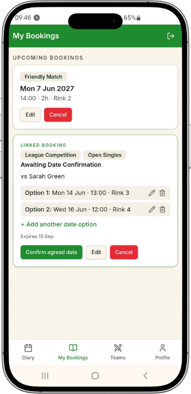 Green Rinks My Bookings page on a phone