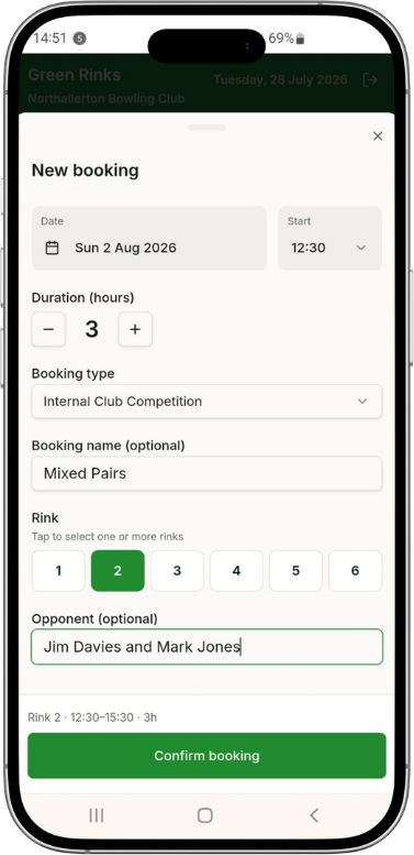 Green Rinks My Bookings page