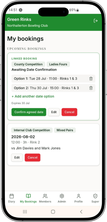 Green Rinks linked booking screen