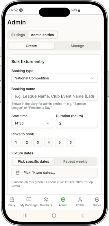 Green Rinks admin bulk booking screen