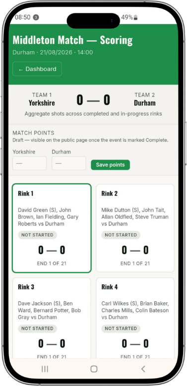 Green Score event setup screen