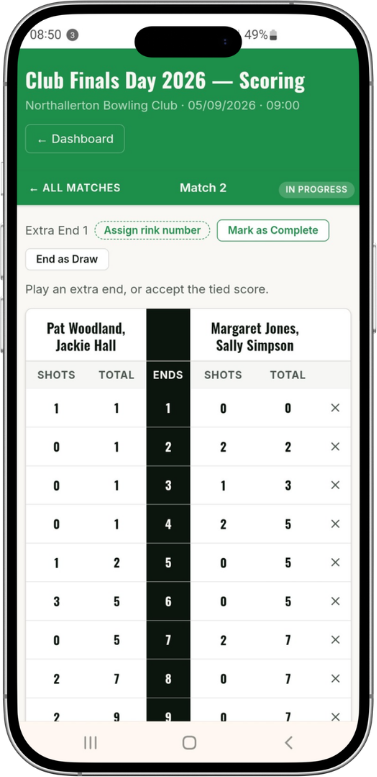 Green Score team sheet screen